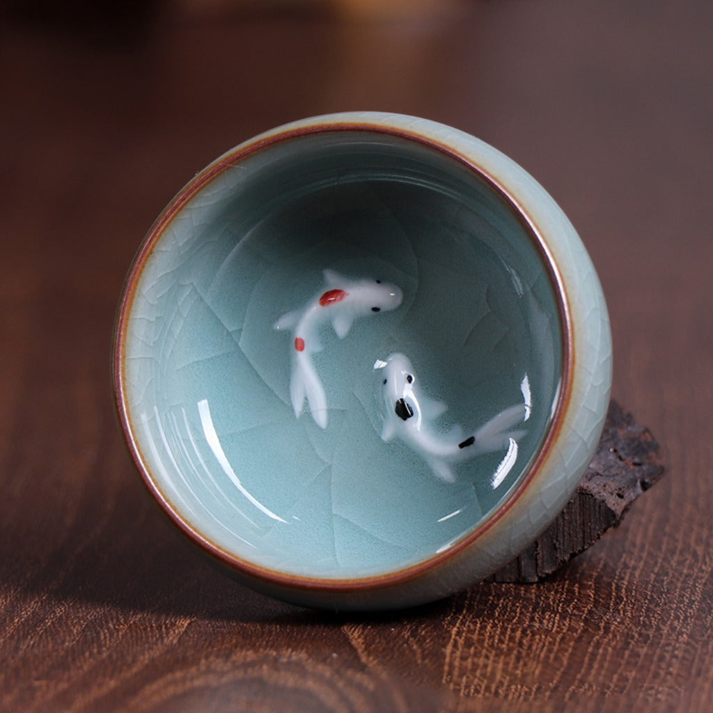 Twin Koi Celadon Crackle Teacup