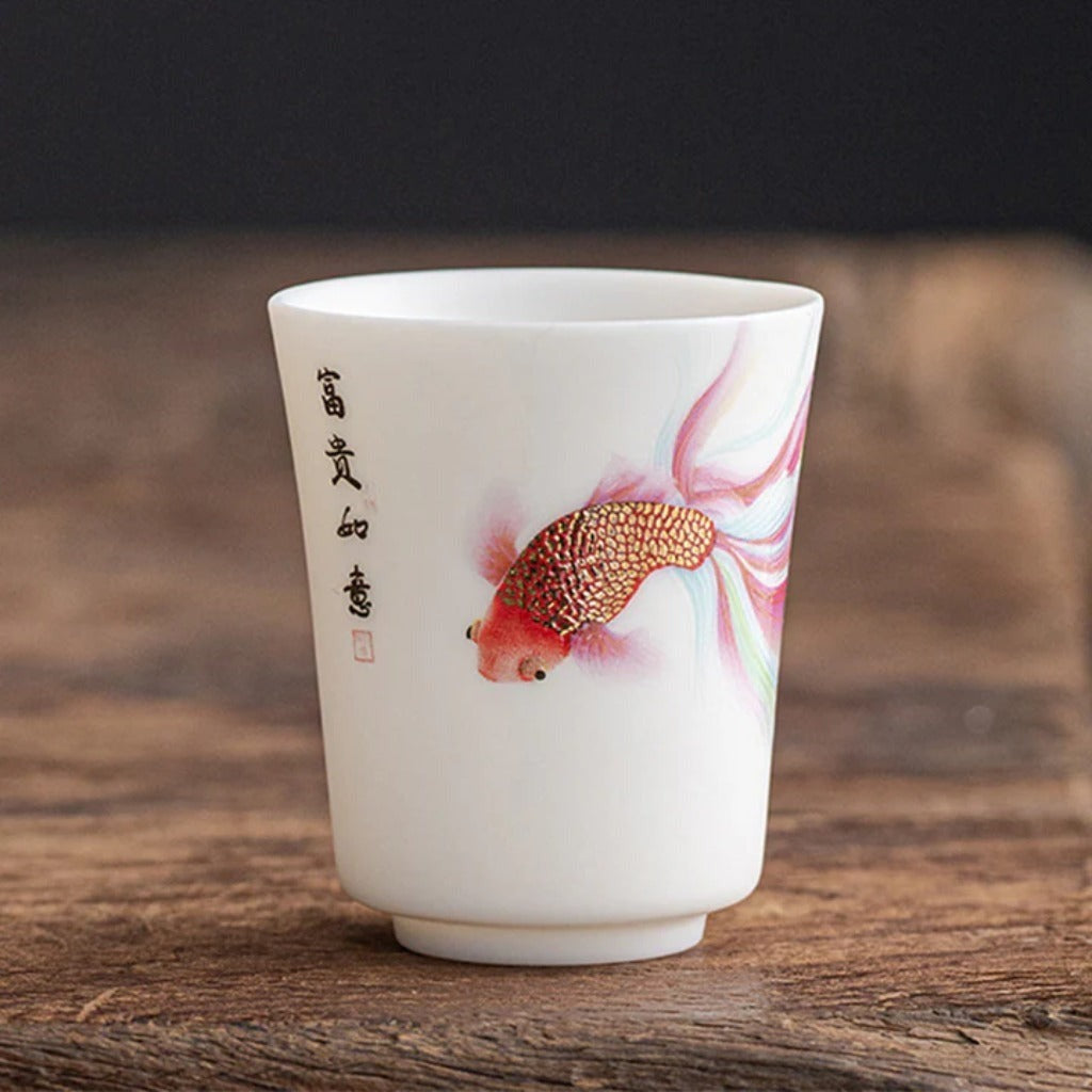 Milky White Ceramic Mug with Koi Motif – Elegant Glaze for Hot and Cold Drinks | Zen Ara Grove