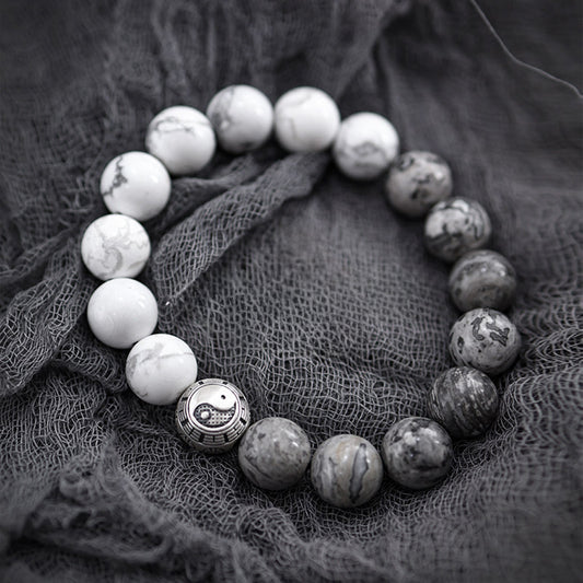 White Turquoise & Map Stone Beaded Bracelet – Yin-Yang Metal Accent, 999 Silver Ba Gua Bead | Zen Ara Grove