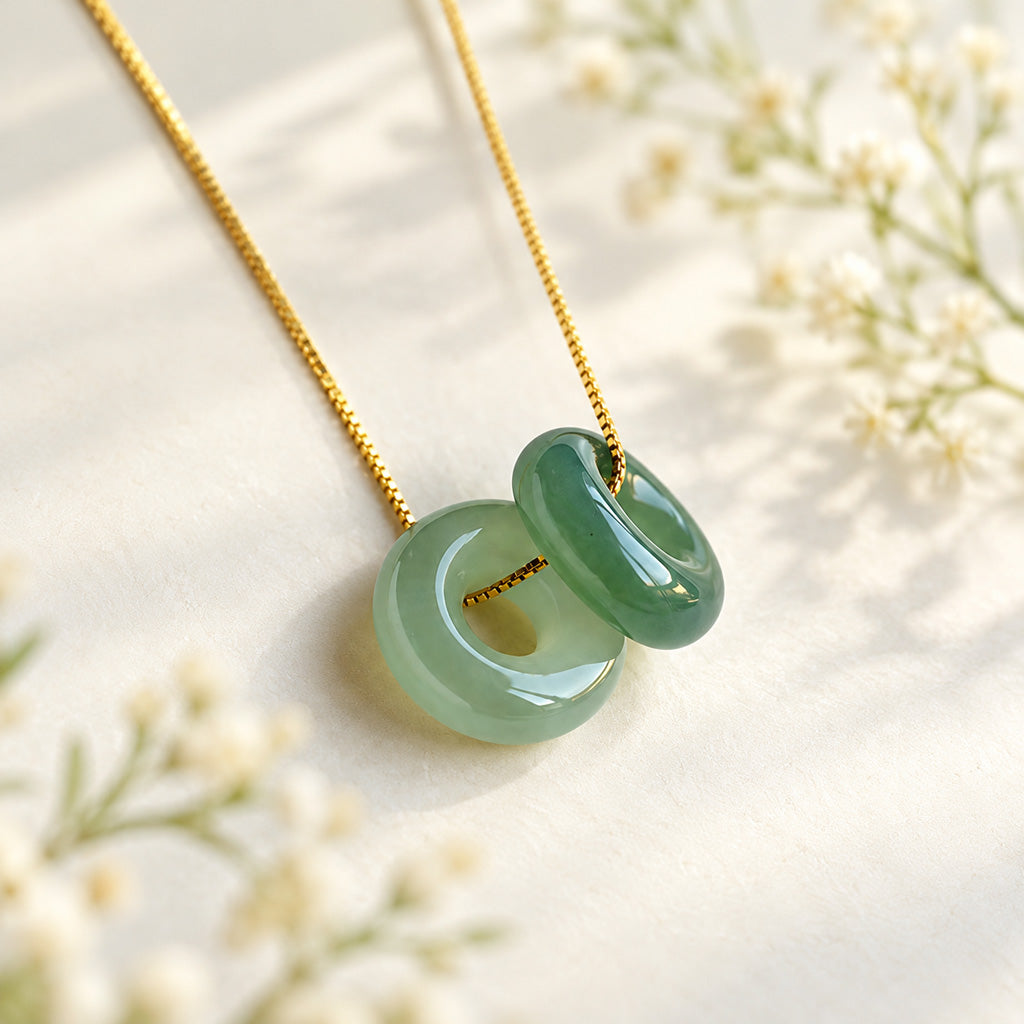 Double Jade Peace Buckle Necklace with Gold-Tone or Silver-Tone Chain