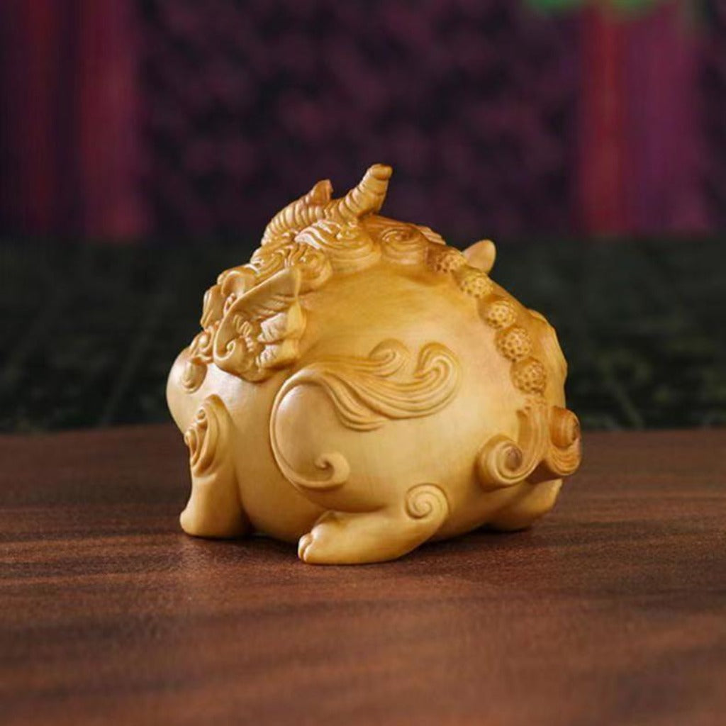 Cute Pixiu Boxwood Sculpture – Prosperity and Abundance Decorative Piece | Zen Ara Grove