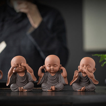 Handcrafted Ceramic "Four-Nos" Monk Statues – Symbol of Inner Calm & Thoughtful Living | Zen Ara Grove