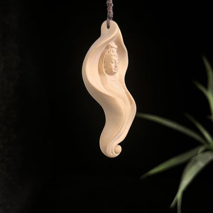 Handcrafted Boxwood Pendant – Lotus Leaf with Carved Bodhisattva Brings Serenity and Harmony | Zen Ara Grove