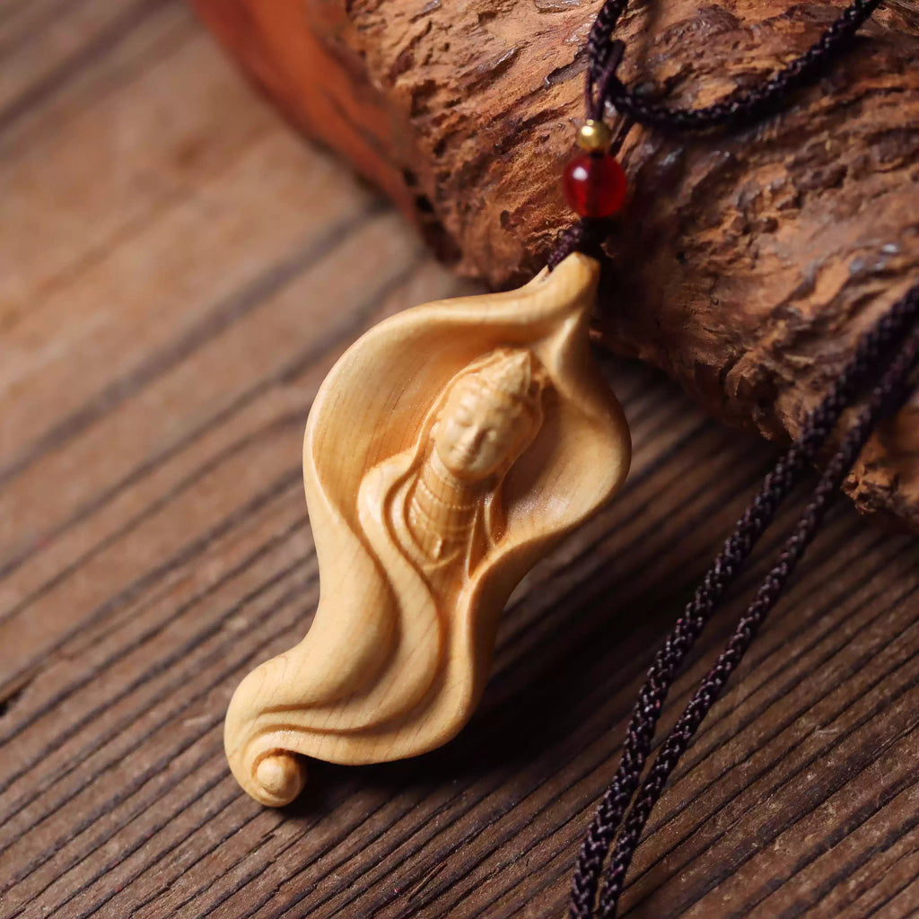 Handcrafted Boxwood Pendant – Lotus Leaf with Carved Bodhisattva Brings Serenity and Harmony | Zen Ara Grove