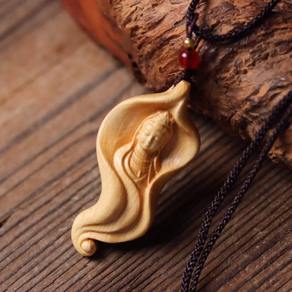 Handcrafted Boxwood Pendant – Lotus Leaf with Carved Bodhisattva Brings Serenity and Harmony | Zen Ara Grove