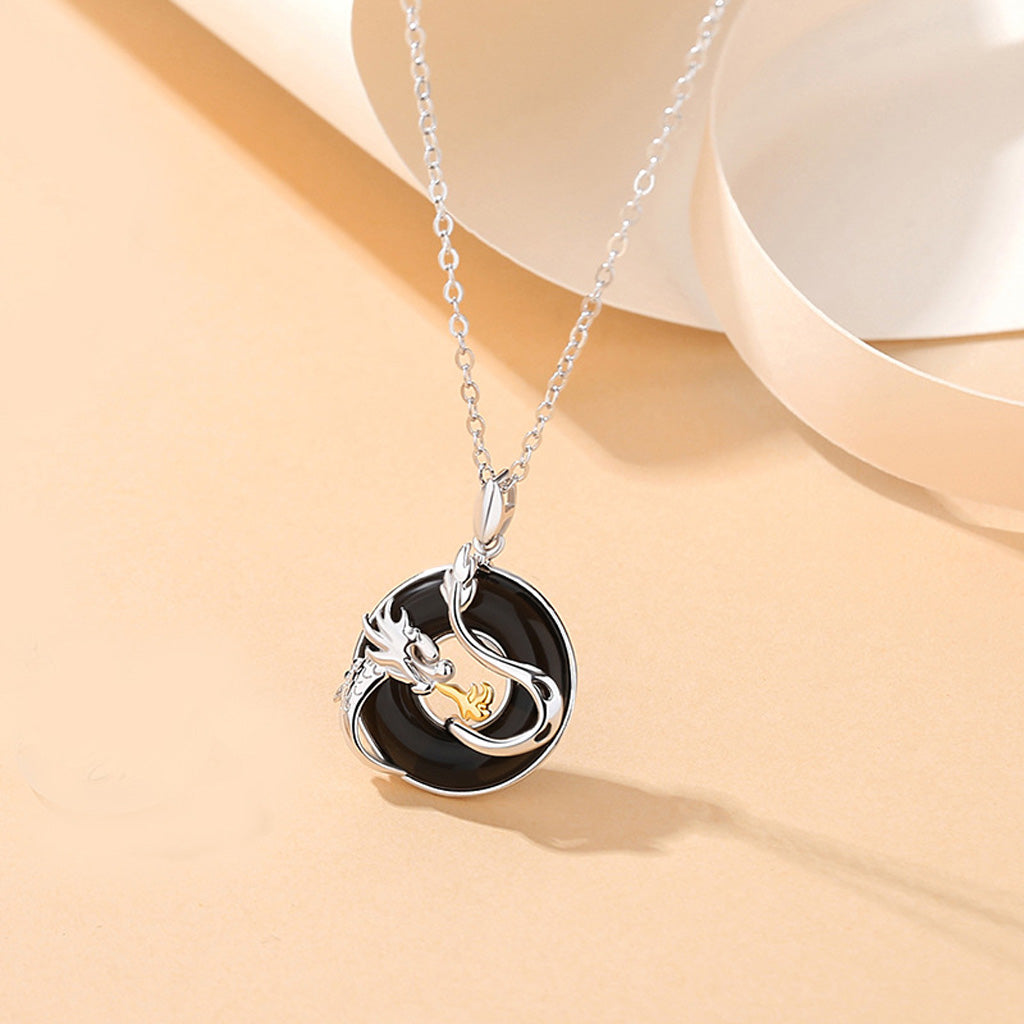 S925 Sterling Silver Black Agate Dragon or White Chalcedony Dragon and Phoenix Necklace