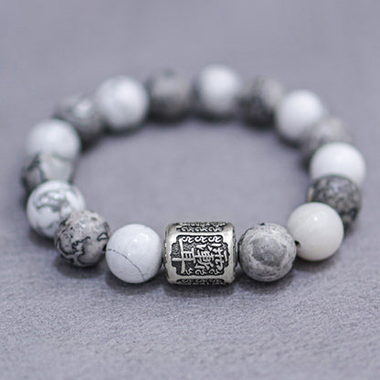 White Turquoise & Map Stone Bracelet with Taoist "Rain Gradual Ear"Beads – Symbol of Protection, Purification & Inner Harmony | Zen Ara Grove