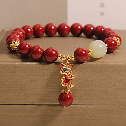 Natural Lucky Cat Pendant Cinnabar Blessing Bracelet  | Zen Ara Grove