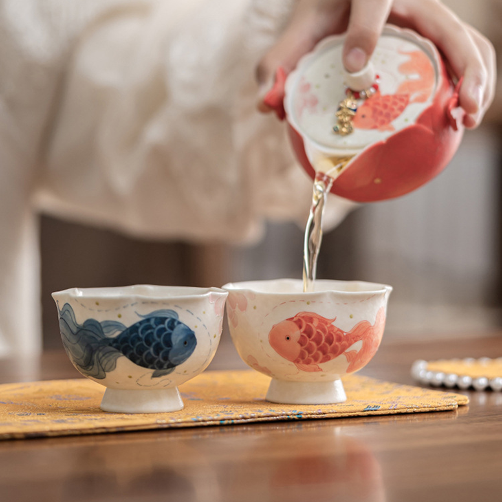 Hand-Painted Koi Porcelain Footed Cup – Flared Flower Rim | Zen Ara Grove