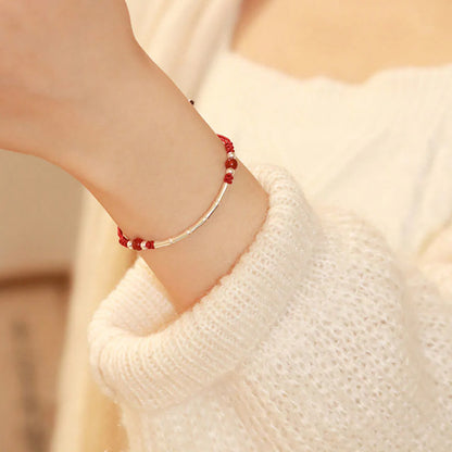 Adjustable S925 Sterling Silver Bamboo Bracelet with Agate