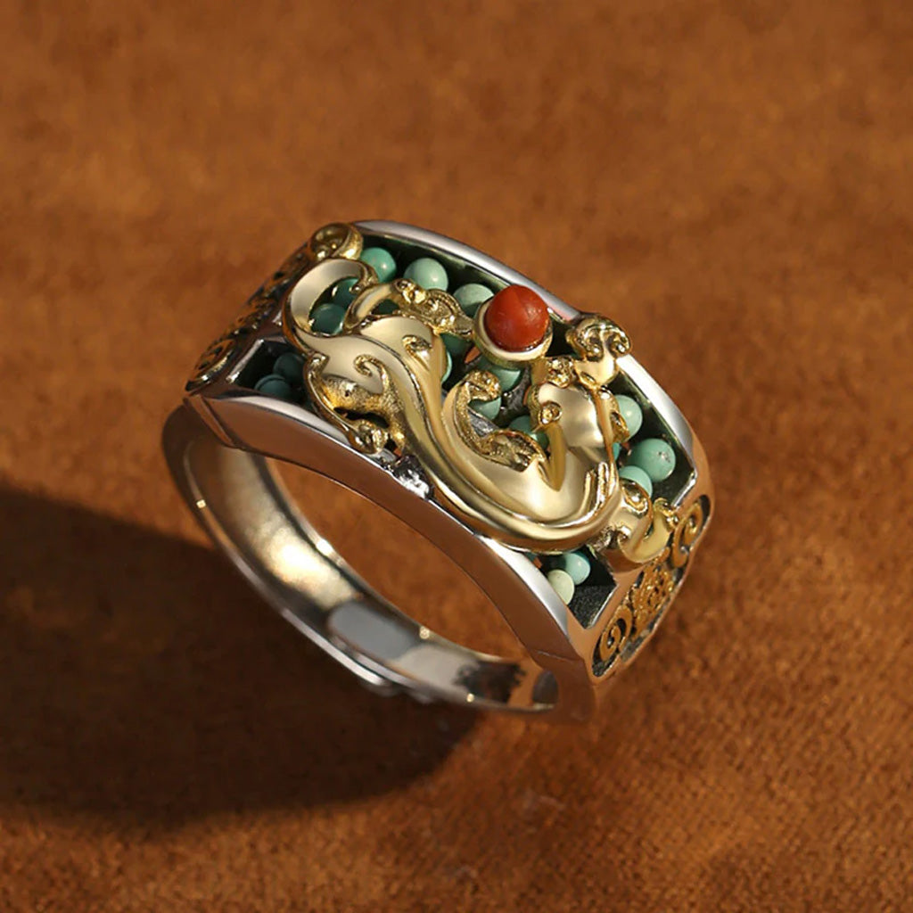 S925 Sterling Silver Adjustable Pixiu Ring with Turquoise & Abacus Motif – Hand-Carved Fortune Jewelry | Zen Ara Grove