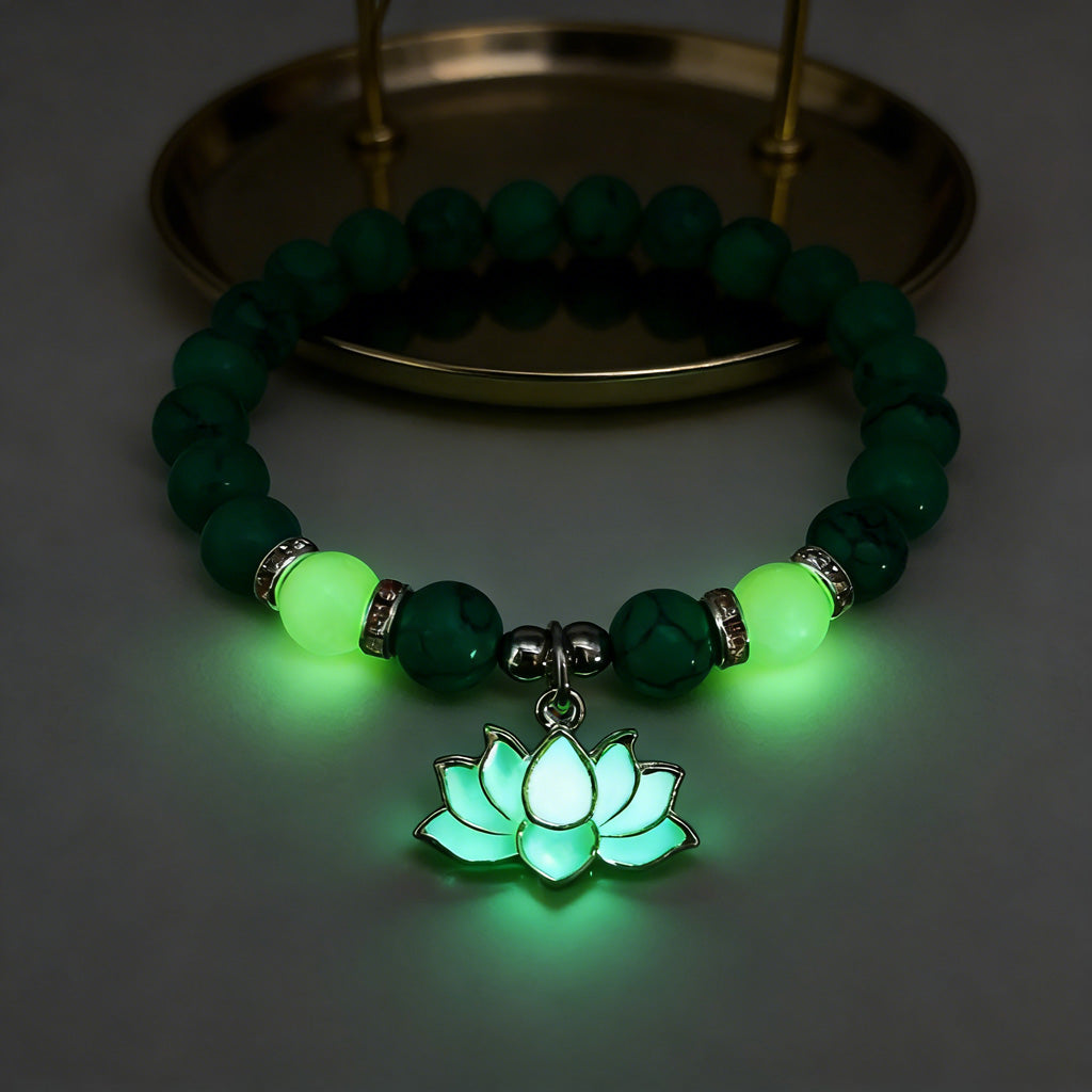 Glow-in-the-Dark Turquoise Lotus Bracelet – Zen Night Calm | Zen Ara Grove