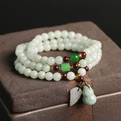 108‑Bead Tri‑Circle Jade Mala Bracelet · Auspicious Gourd Charm | Zen Ara Grove