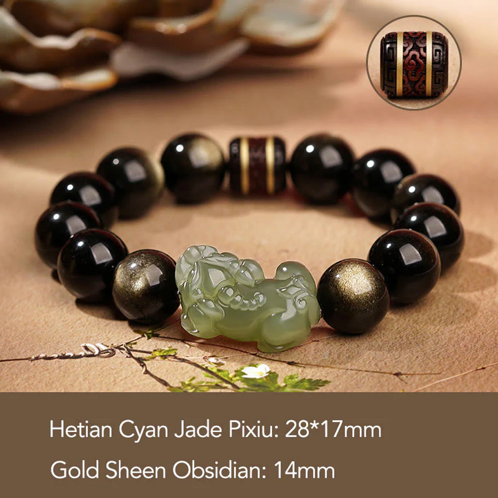 Golden Obsidian & Hetian Jade Pixiu Bracelet – Fortune & Protection | Zen Ara Grove