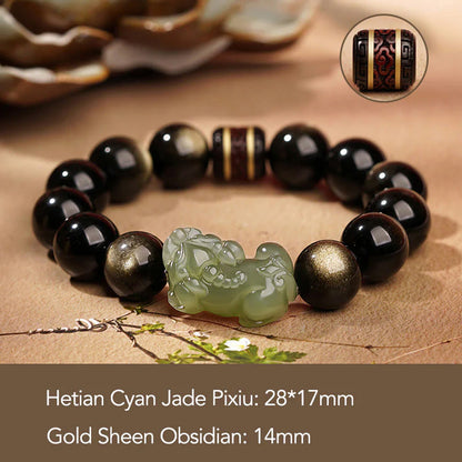Golden Obsidian & Hetian Jade Pixiu Bracelet – Fortune & Protection | Zen Ara Grove