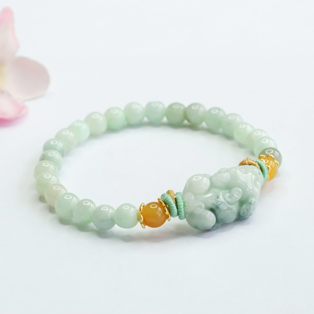 Hand‑Carved Jade Pixiu Beaded Bracelet — Meaning of Prosperous Blessing | Zen Ara Grove