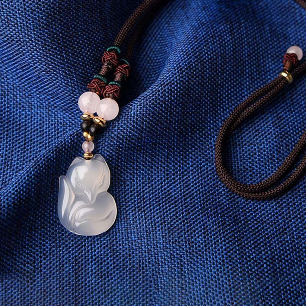 Adjustable Jade Cord Necklace – Carved Fox Pendant with Rose Quartz | Zen Ara Grove