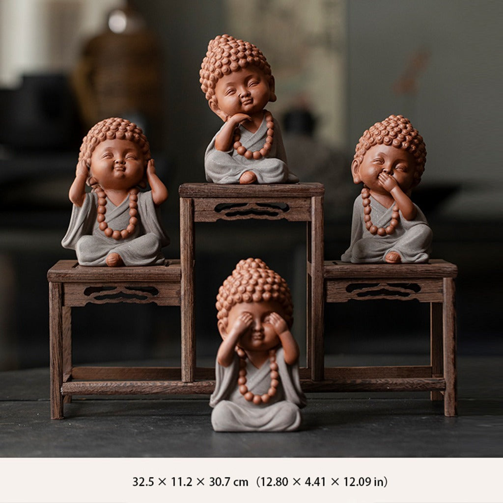 Ceramic "Four No Evils" Buddha Statue Set – Symbols of Mindfulness, Compassion, and Peace | Zen Ara Grove