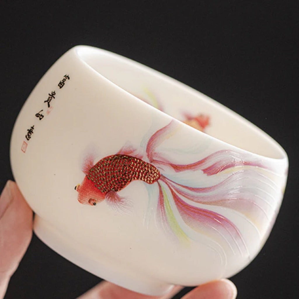 Milky White Ceramic Mug with Koi Motif – Elegant Glaze for Hot and Cold Drinks | Zen Ara Grove