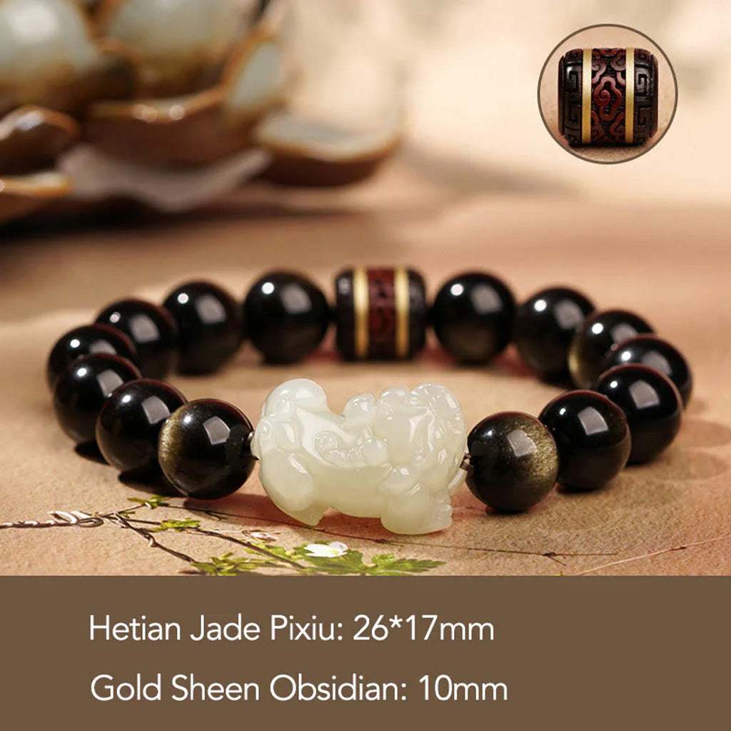 Golden Obsidian & Hetian Jade Pixiu Bracelet – Fortune & Protection | Zen Ara Grove
