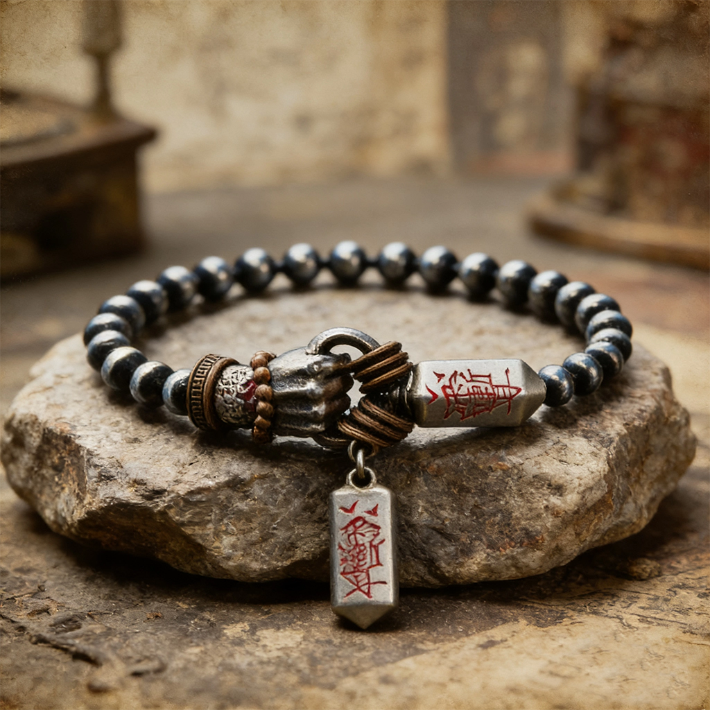 Taoist Ziwei Engraved Dagger Bracelet – Beidou & Nandou Stars, Fire Wrist, 14 Beads | Zen Ara Grove