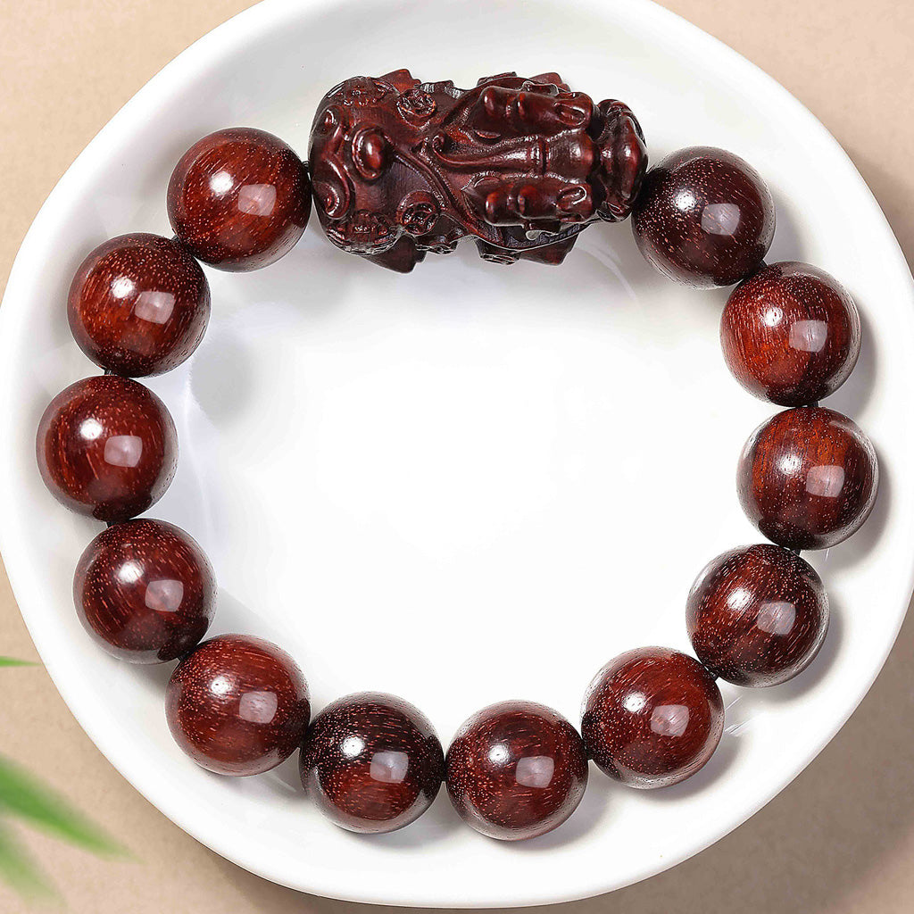 Handcrafted Red Sandalwood Pixiu Beaded Bracelet – Prosperity & Longevity | Zen Ara Grove