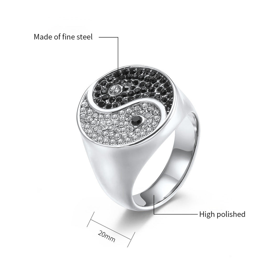 Yin-Yang Titanium Steel Ring – Black & White CZ, Symbol of Balance | Zen Ara Grove