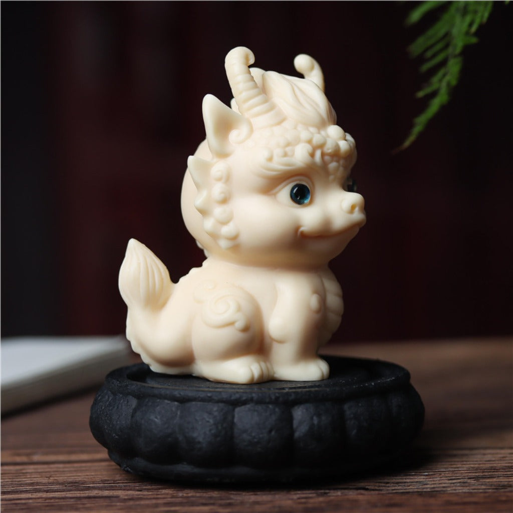 Hand-Carved Tagua Three Auspicious Beasts – Dragon, Qilin & Pixiu Figurine Set | Zen Ara Grove