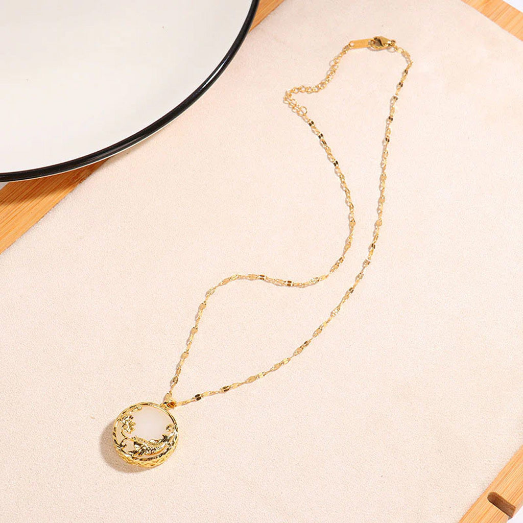 Jade Koi and Lotus Medallion Necklace with Gold-Tone Openwork Frame — Luck & Renewal