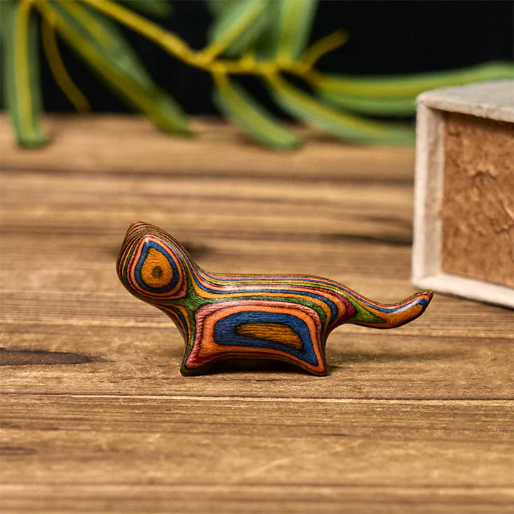 Mini Rainbow Eucalyptus Walking Cat Carved Reduce Stress Decoration | Zen Ara Grove