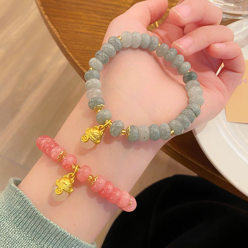 Strawberry Quartz Cyan Jade Lucky Cat Beads Healing Bracelet | Zen Ara Grove