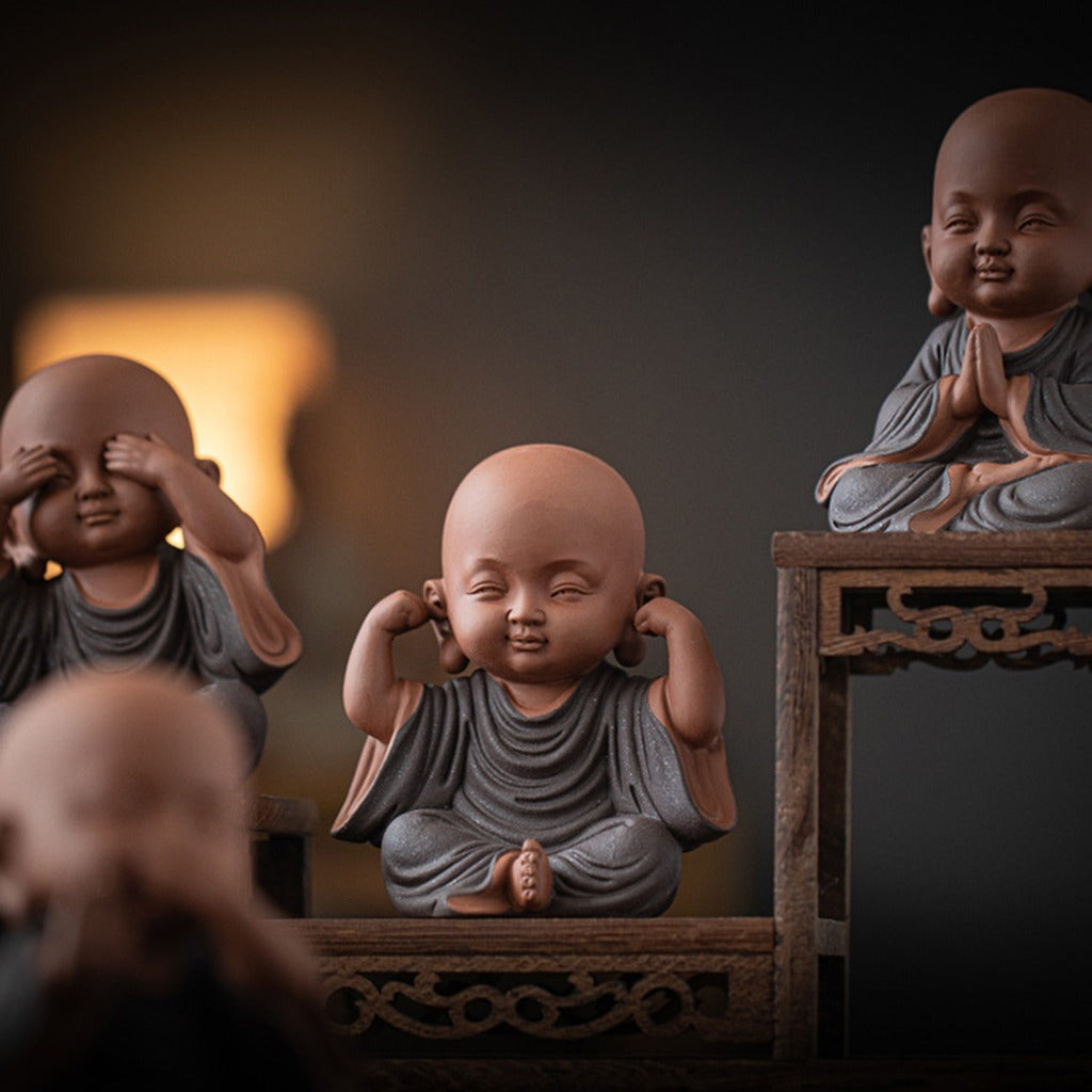 Handcrafted Ceramic "Four-Nos" Monk Statues – Symbol of Inner Calm & Thoughtful Living | Zen Ara Grove
