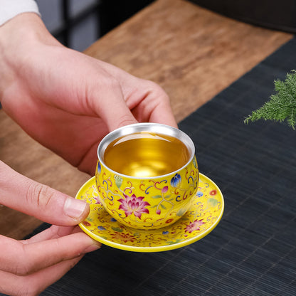 999 Silver Enamel Teacup Gift Set – Five Colors Blooming – Symbols of Love, Harmony & Prosperity | Zen Ara Grove