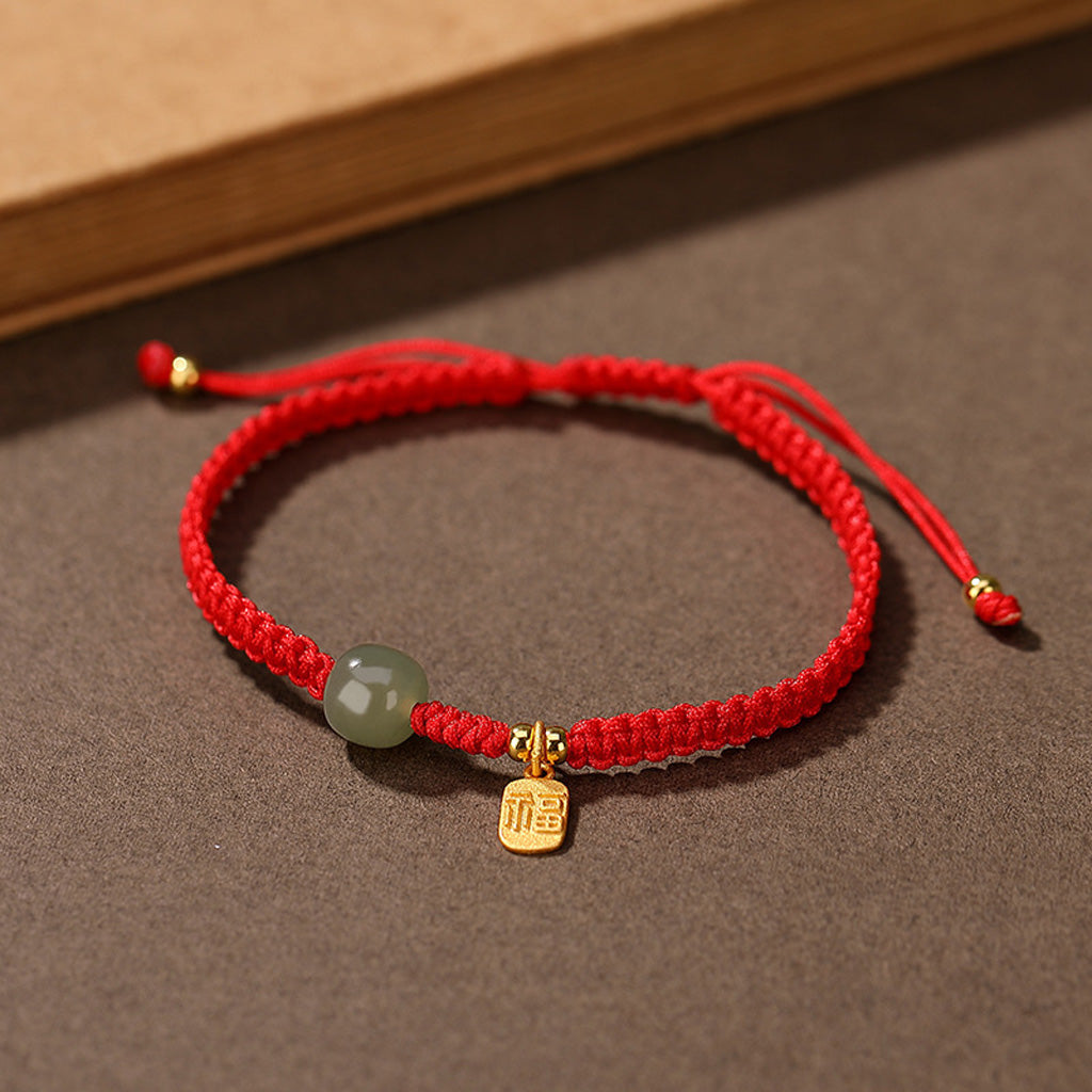 Adjustable Fu Blessing Cord Bracelet with Jade-Look Bead