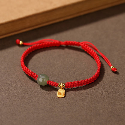 Adjustable Fu Blessing Cord Bracelet with Jade-Look Bead