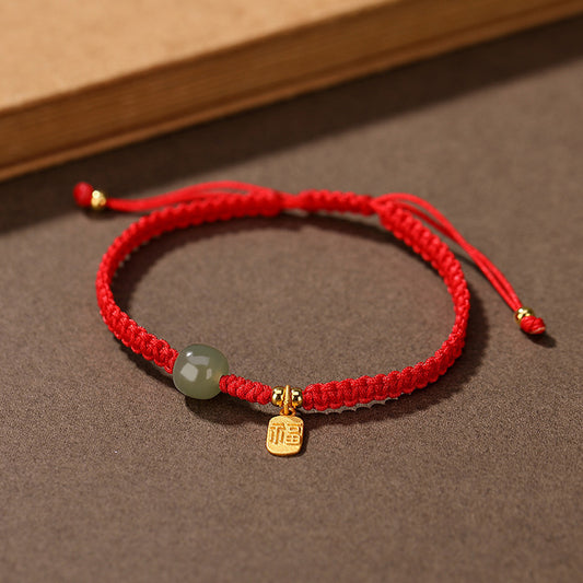 Adjustable Fu Blessing Cord Bracelet with Jade-Look Bead