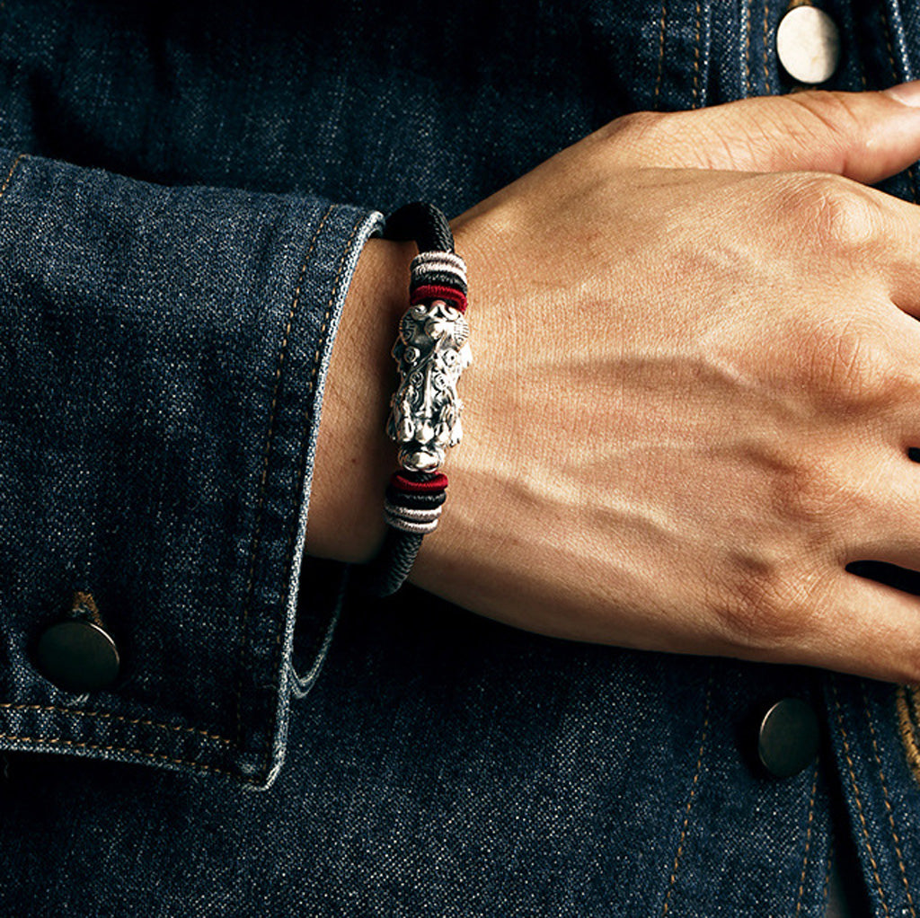 999 Silver Pixiu on Dragon Knot Handwoven Bracelet — Meaning of Courage & Wealth | Zen Ara Grove