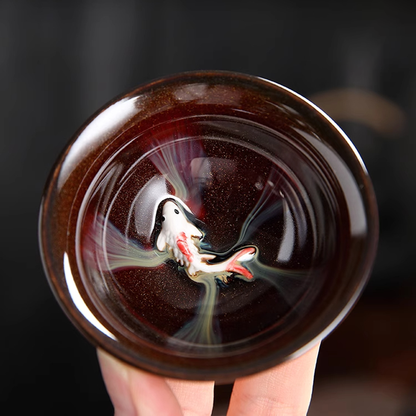 Artisan Porcelain Tea Cup – Unique Kiln-Varied Colors with Koi Design | Zen Ara Grove