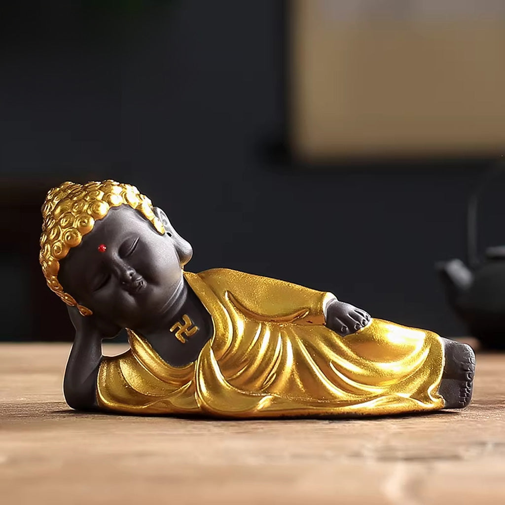 Mini Zen Buddha Statue – Handcrafted Purple Clay Ceramic with Golden Touch of Serenity | Zen Ara Grove
