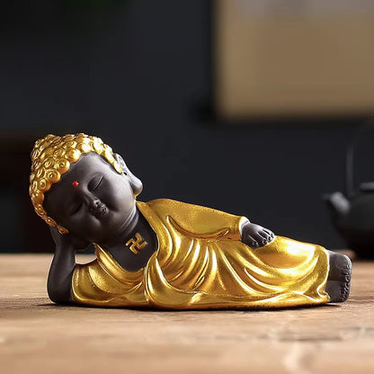 Mini Zen Buddha Statue – Handcrafted Purple Clay Ceramic with Golden Touch of Serenity | Zen Ara Grove