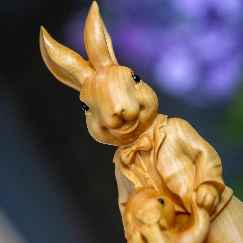 Boxwood Family Bunny Wood Sculpture – Symbol of Love & Blessing | Zen Ara Grove