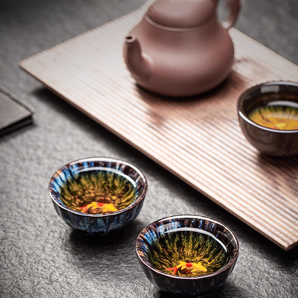 Kiln-Change Glaze Porcelain Teacup – Lucky Fish "Year of Plenty" Design | Zen Ara Grove