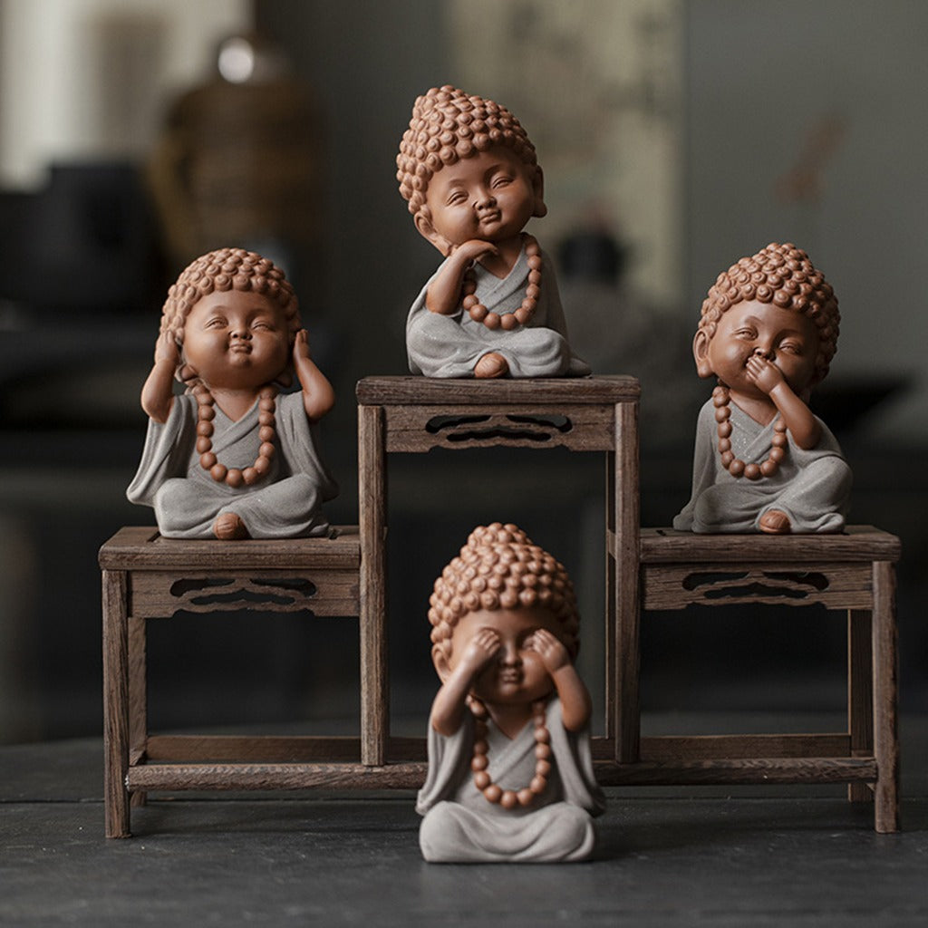 Ceramic "Four No Evils" Buddha Statue Set – Symbols of Mindfulness, Compassion, and Peace | Zen Ara Grove
