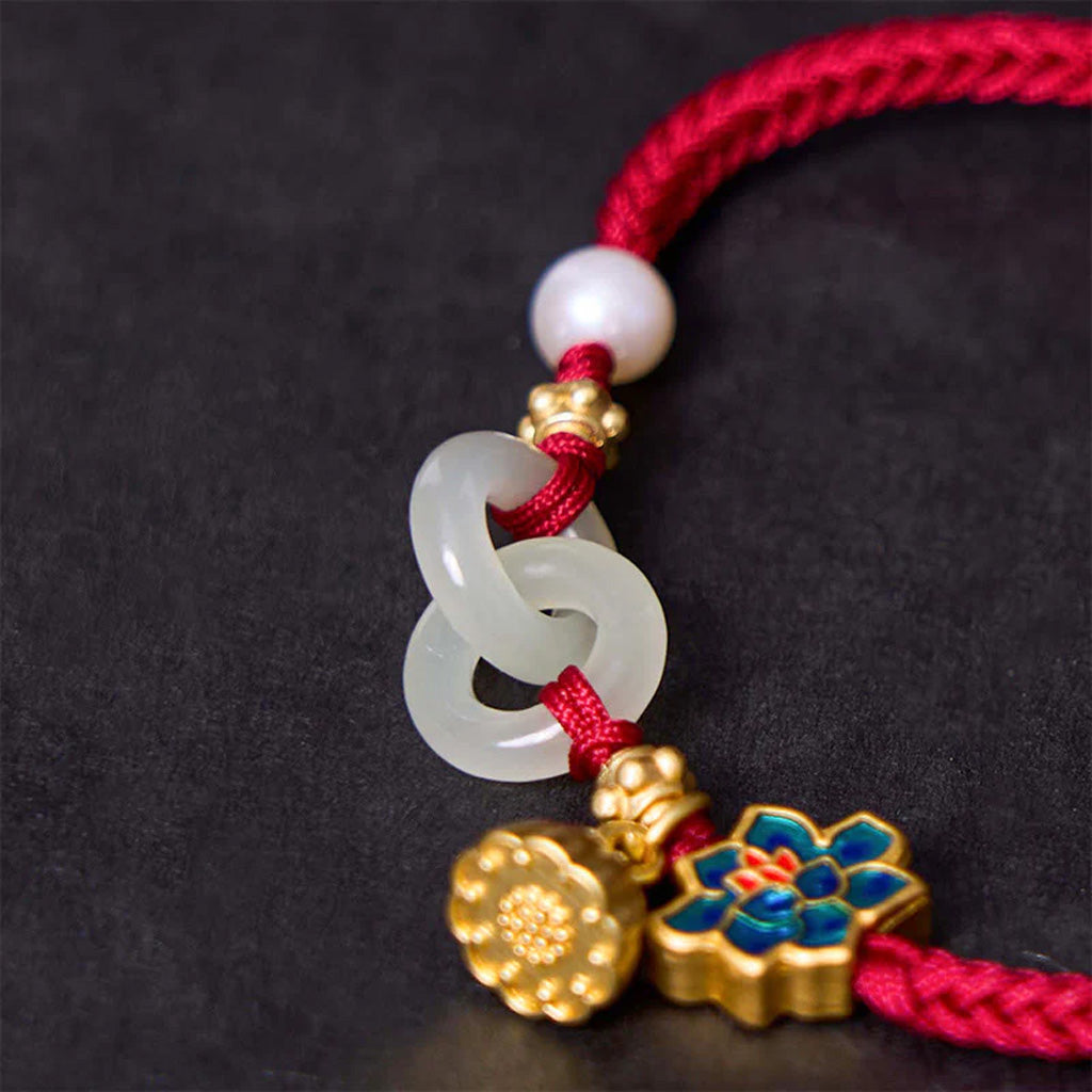 Adjustable Double Hetian Jade Peace Buckle Bracelet with Lotus Charm — Harmony & Protection