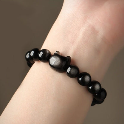 Black Obsidian and Sheen Beads Bracelet Featuring Adorable Cat Head Charm | Zen Ara Grove