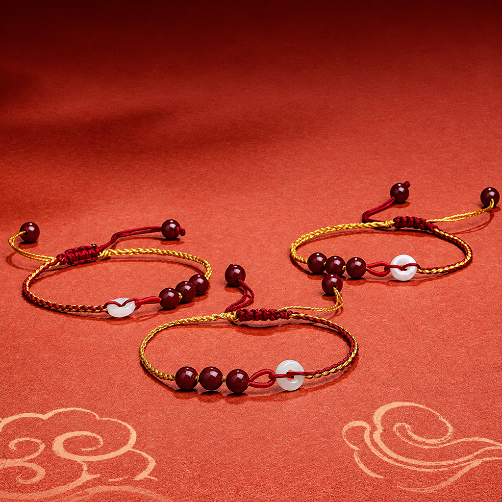 Adjustable White Jade Peace Buckle Bracelet with Cinnabar Beads — Peace & Protection