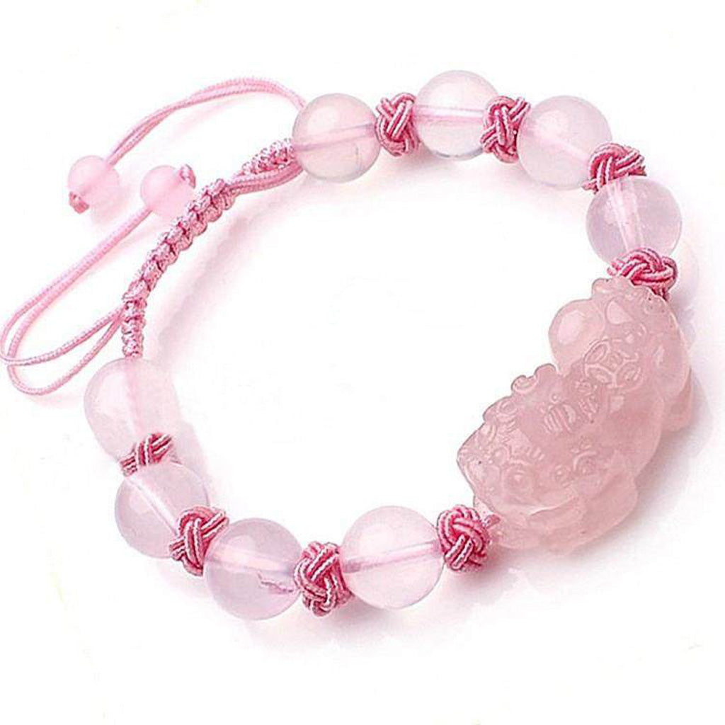 Hand‑Carved Rose Quartz Coin Pixiu Adjustable Bracelet — Meaning of Prosperity & Harmony | Zen Ara Grove