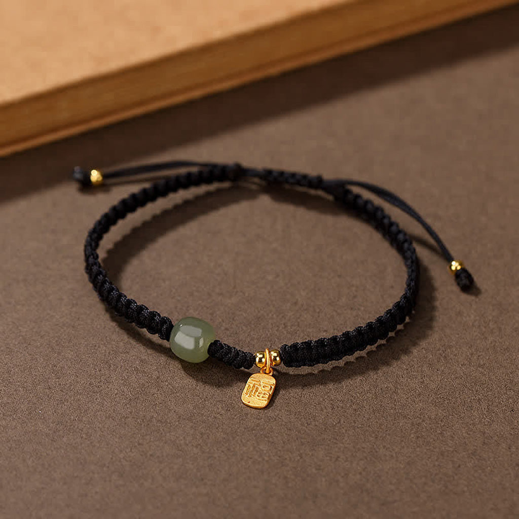 Adjustable Fu Blessing Cord Bracelet with Jade-Look Bead