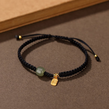 Adjustable Fu Blessing Cord Bracelet with Jade-Look Bead
