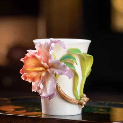 Handcrafted Ceramic Cup with Blue Iris – Blooming from the Cup, One of a Kind | Zen Ara Grove